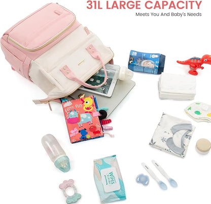 LOVEVOOK Diaper Bag Backpack, Baby Bag with Changing Station, Large Diaper Backpack for Moms Dads, Waterproof Leather Accents Baby Boy and Girl Bag for Travel Baby Essentials, Pink-Beige