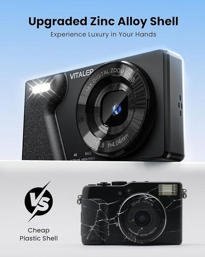 Digital Camera with Front Rear Lens, Autofocus 64MP 4K Camera for Photography with 32GB Card, Portable Compact Point and Shoot Camera for Teens Adult Beginner with Metal Shell, 2000mAh Battery