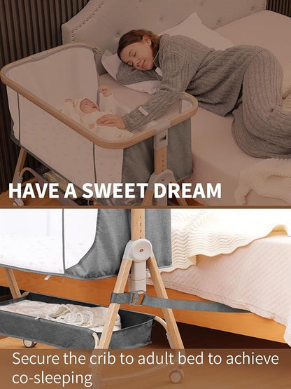 Baby Bassinet Bedside Sleeper - 3 in 1 Bassinets with Waterproof Sheets, Soft Mattress and Breathable Mesh, Adjustable Height Bedside Bassinet for Baby with Wheels, Storage Basket, Gray