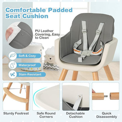 HONEY JOY Baby High Chair, 6-in-1 Eat & Grow Wooden Highchair/Toddler Chair with Removable Tray, 5-Point Harness, PU Cushion and Footrest, Convertible High Chair for Babies and Toddlers(Dark Gray)