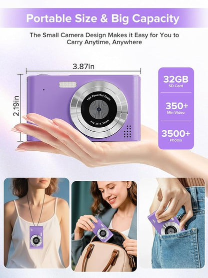 Digital Camera, Kids Camera1080P, Vlog Camera with 64GB Card, 16X Zoom Anti Shake, Card Reader, 44MP Compact Portable Small Point Shoot Digicam Gift for Kid Student Children Teen Girl Boy(Pruple)