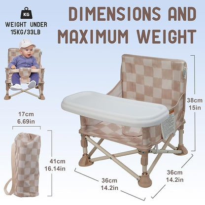 Tiny Marvels Portable 3-in-1 Baby Booster Seat, Cozy Floor Seat, Feeding Seat with Tray, Compact Foldable Toddler Booster with Child Safety Belt Carry Bag, Perfect for Travel (Sand Checker)