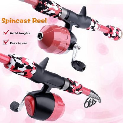 ODDSPRO Kids Fishing Pole Pink, Portable Telescopic Fishing Rod and Reel Combo Kit - with Spincast Fishing Reel Tackle Box for Girls, Youth