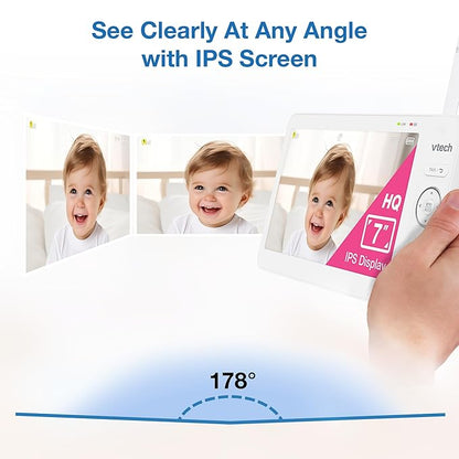 VTech Advanced HQ Max Twin 7" Digital Video 2-Cameras Baby Monitor with Pan Tilt Zoom, Long Battery Life 5000mAh, IPS Screen, Adaptive Multi-Color Night Light, 2-Way Talk, HQ Display, No WiFi, White