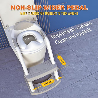SKYROKU Potty Training Toilet, New Sector-Shape Stabilized Base two in one Toddler Toilet Seat with Splash Guard, Anti Slip Pad, and Step Stool Enamel Grey