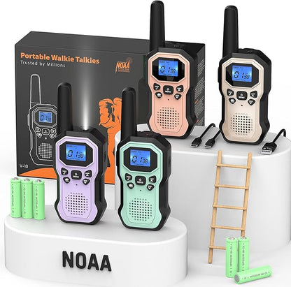Walkie Talkies for Adults Long Range 2 Way Radios for Kids Rechargeable 4 Pack, Hiking Camping Skiing Cruising Gear with Lamp, USB-C, SOS Siren, NOAA Alert, iVOX Hands-Free, One-Touch Pairing
