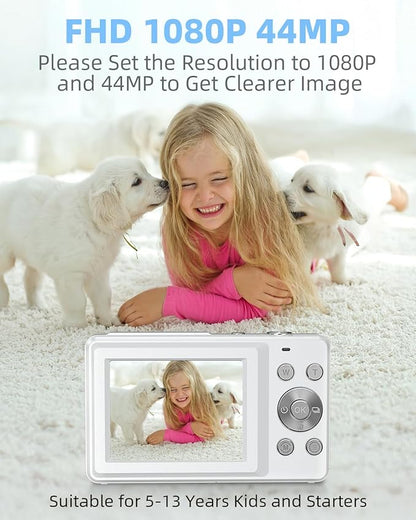 Digital Camera for Kids and Starters, FHD 1080P Point and Shoot Camera with 32GB Card 16X Zoom Anti Shake, Gift for Boys Girls Kids, White