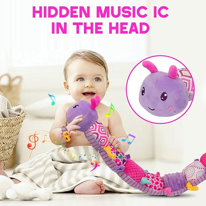 Baby Girls Toys 0-6 Month Baby Stuffed Animal Toys for 0-6 6-12 Months & A Pair of Wrist | Baby Musical Caterpillar Tummy Time Toy | Newborn Infant Sensory Toy for 1 2 Years Old Boys Girls.