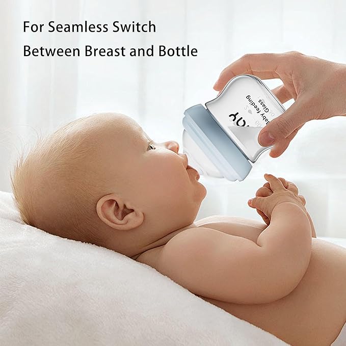 Natural Glass Baby Bottle for Breastfeeding Babies, 3oz Newborn Anti-Colic Baby Bottle with Slow Flow Nipples (SS), Clear, Wide Neck, 4 Pack, 0 Months+