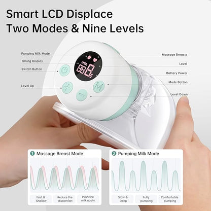 TSRETE Double Wearable Breast Pump, Electric Hands-Free Breast Pumps with 2 Modes, 9 Levels, LCD Display, Memory Function Rechargeable with Massage and Pumping Mode 24mm Flange-Green