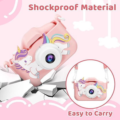Kids Camera, Toys for Toddlers Age 3-8 Year Old Girl Christmas Birthday Gifts, Children Digital Camera with Cartoon Soft Silicone Cover and 32GB Card (Sakura Pink)