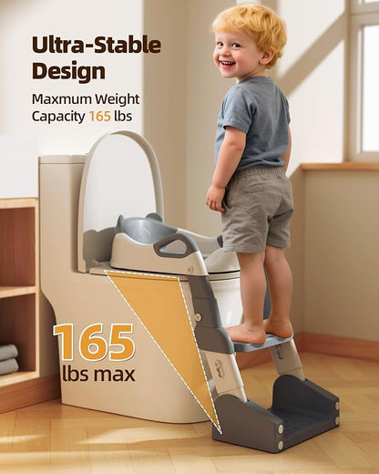 3-in-1 Potty Training Toilet, Toddler Toilet Seat with Step Stool, Foldable Potty Ladder with Potty Chart, PU Cushion, Splash Guard, Anti-Slip Steps & Urinal for Boys & Girls, Grey