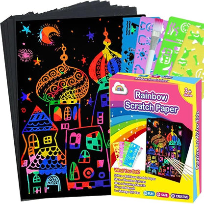 ZMLM Scratch Art Crafts Girls Gifts, 60 Rainbow Scratch Paper Art Gifts for 3 4 5 6 7 8 9 10 Years Old Girls and Boys Kids, Arts and Crafts for Kids 4-6 Birthday Toys and Games Activities Gift (Pink)