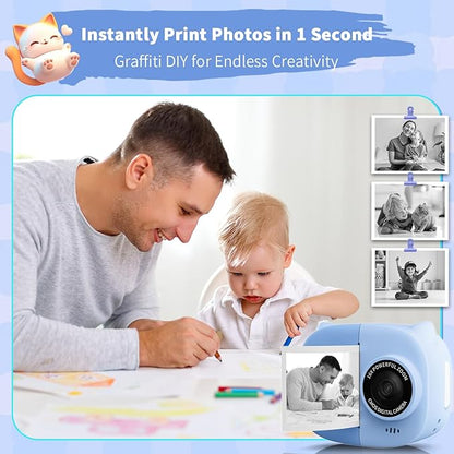 Portable Instant Camera for Kids Print Photos Travel Digital 1080P Video Camera for Toddlers 3 4 5 6 7 8 Year Old Boy Holiday Christmas Birthday Gifts (Blue)