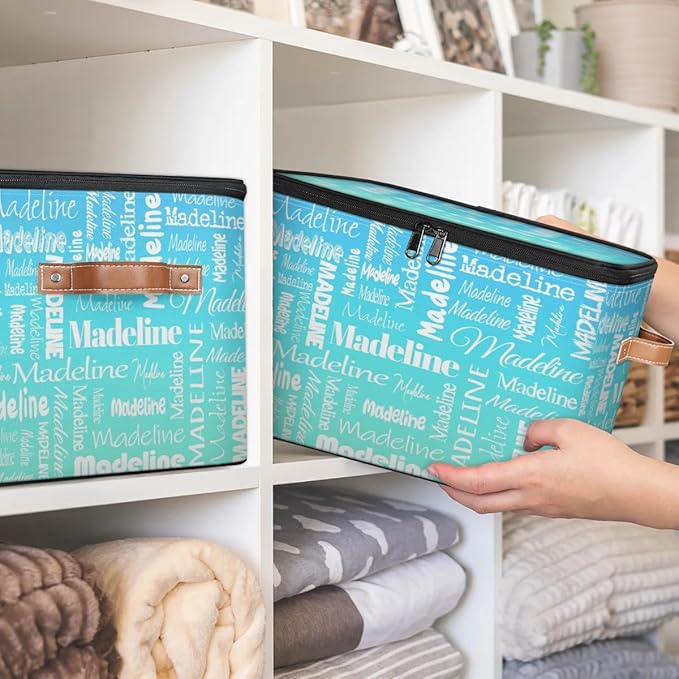 Custom Storage Basket with Name, Personalized Storage Bins with Zipper Lid, Foldable Fabric Storage Box Large capacity with Handle Blue Green Gradient