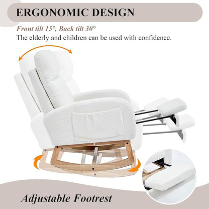 NIOIIKIT Oversized Nursery Rocking Chair, Teddy Upholstered Glider Chair with Footrest, Large Glider Rocker with Side Pocket, Rocking Accent Chair, Glider Recliner for Living Room (White Teddy)