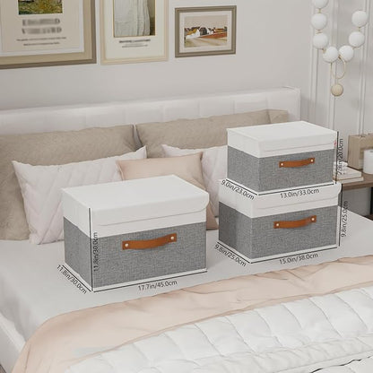 Yawinhe Storage Boxes with Lids, Linen Fabric Bin, Cube Organizer Basket, Washable and Leather Handle, for Home, Closet, White/Grey, 15.0''Lx9.8''Wx9.8''H, 3-Pack, USNK024WGL-3