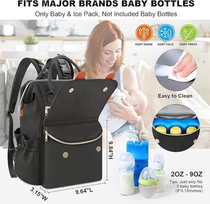 PIIOSER Diaper Bag Tote with Ice Pack, Large Capacity & Waterproof Diaper Bag Backpack for Moms Dads, Insulated Baby Tote Bag with Changing Pad, Stroller Straps & Pacifier Case, Black