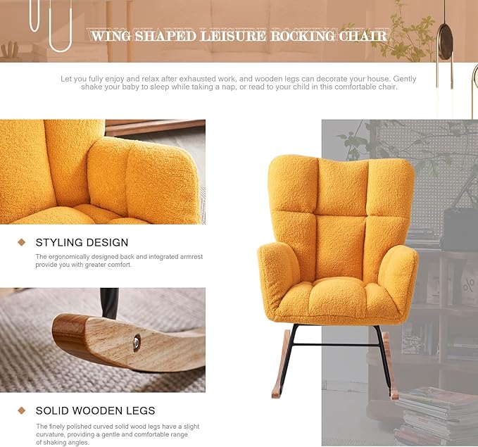 Nursery Rocking Chair, Teddy Upholstered Glider Rocker with High Backrest Armchair, Modern Rocking Accent Chairs for Nursery, Living Room, Bedroom, Offices (Yellow)