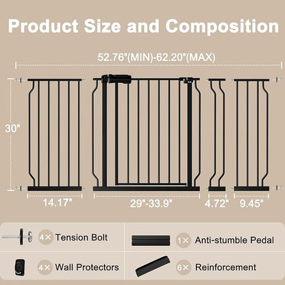 WAOWAO Baby Gate 52.76-62.2" Extra Wide Pressure Mounted Walk Through Swing Auto Close Safety Black Metal Toddler Kids Child Dog Pet Puppy for Stairs,Doorways,Kitchen