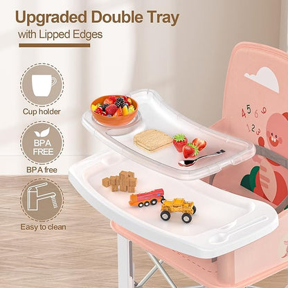 Baby Travel Booster Seat with Double Tray, BabyBond Upgraded Toddler Portable Baby Chair, Booster Seat for Dining Table, Stable and Foldable Booster Baby Chair for Indoor/Outdoor (Pink Dinosaur)