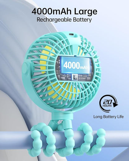 SWEETFULL Portable Stroller Fan with Display 4000mAh Battery Powered Mini Clip On Fan, 4-Speed Rechargeable Small Personal Cooling for Baby Car Seat Crib Travel - Cyan