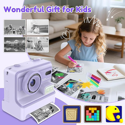 Instant Camera, Instant Print Camera for Kids with 1080P Videos, Front Rear Dual Selfie, 3 Rolls Print Paper & 32GB SD Cards, Christmas Birthday Gifts for Girls Age 3-12