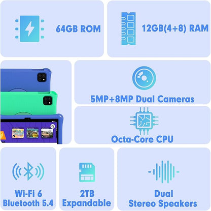 Kids Tablet, 10.1 Inch Android 15 Tablet for Kids, 12GB+64GB, Octa-Core, 6000mAh Battery, WiFi 6, Pre-Installed Kids Apps, Parental Control, ABCmouse for 30-Days Free, with EVA Protective Case (Blue)