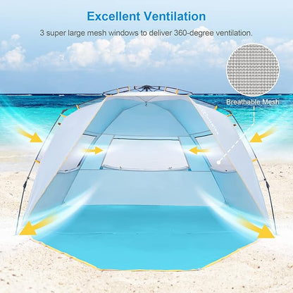 WolfWise 4-5 Person Easy Up Beach Tent UPF 50+ Portable Instant Sun Shelter Canopy Umbrella with Extended Zippered Porch, Blue