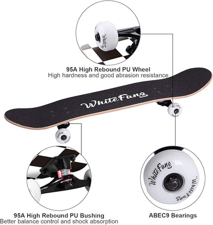WhiteFang Skateboards for Beginners, Complete Skateboard 31 x 7.88, 7 Layer Canadian Maple Double Kick Concave Standard and Tricks Skateboards for Kids and Beginners