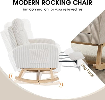 NIOIIKIT Nursery Rocking Chair, Corduroy Upholstered Rocking Chair with Adjustable Footrest, Tufted Rocker Chair with Side Pocket, Glider Rocker for Living Room, Bedroom (Cream Retro)