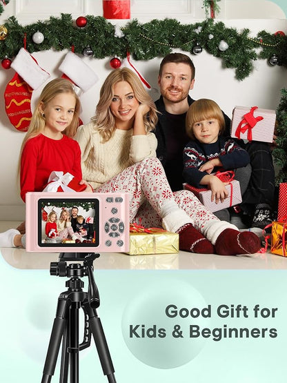 Digital Kids Camera 1080P Vlog Camera with 64GB, Lanyard, 16X Zoom Anti Shake, Card Reader 44MP Compact Portable Point Shoot Digicam for Kid Teen Girl Boy Christmas Halloween Thanksgiving(Pink)