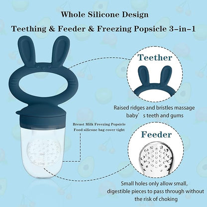 Baby Solids/Frozen Fruit Feeder Pacifier, Infant Teether Toy 4M+, BPA-Free Silicone Pouch & Nipple, Safely Introduce Solids, Teething Relief, 2-Pack - Blue/Green (Rabbit)