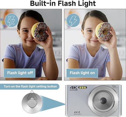 Digital Camera, 2025 4K 44MP Autofocus Digital Cameras for Teens, Silver Point and Shoot Camera for Kids with 16X Zoom, 64GB SD Card, Compact Small for Boys Girls Teens Kids Gift