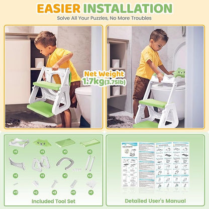 Orzbow 2-IN-1 Potty Training Seat with Step Stool, Height Adjustable Toilet Seat for Toddler, Potty Training with Splash Guard for Kids Boys Girls, Stability Ladder and Anti-Slip Pad, Green