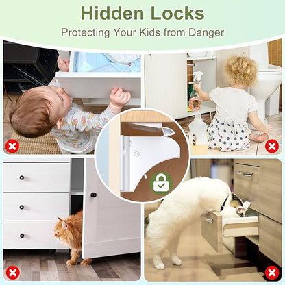 Child Safety Magnetic Cabinet Locks, AOSITE 12 Pack+3 Keys Baby Proofing Magnetic Drawer Locks for Kitchen with Adhesive No Drilling or Screws Fixed, 4 Baby Safety Cabinet Locks for Knobs