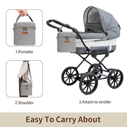 Mancro Insulated Breastmilk Cooler Bag Fits 4 Baby Bottles Up to 9 Ounce，Compact Baby Bottle Travel Bag with Ice Pack for Nursing Mom, Grey
