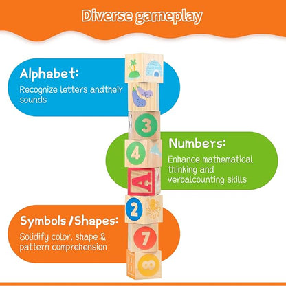 Joqutoys ABC Wooden Building Blocks for Toddlers 3 Large, 40 PCS Alphabet & Number Stacking Blocks with Storage Tray, Montessori Educational Learning Toys for Boys Girls Kids Gifts 1.65"