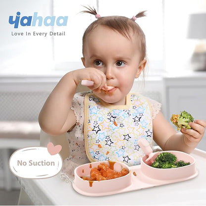 Silicone Foldable Novelty Dinner Plates,Baby Plates Travel Essential with Forks and Spoons,Microwave & Dishwasher Safe,Blush