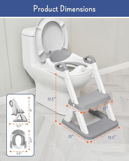 Forbena Toddler Potty Training Seat with Step Stool Ladder, Toilet Potty Seat for Baby Boys Girls Toddlers, Kids Chair Stairs with Handles and Soft Cushion (White and Grey)