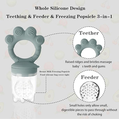 Baby Fruit Food Feeder - Silicone Nibble Tray Combo - Breastmilk Popsicle Mold for Cooling Relief, BPA Free Mesh Feeder for Infant Self Feeding (Claw Blue + Pineapple)