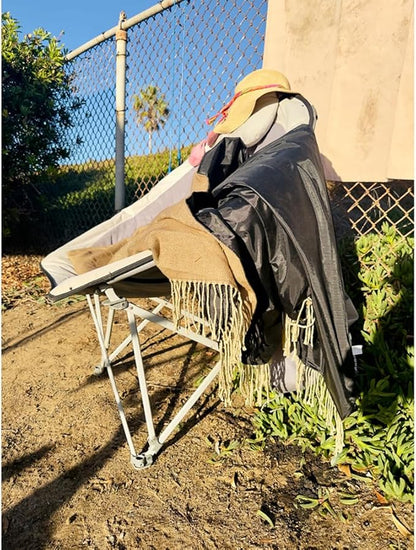 Picnic Blanket Extra Large Waterproof with Strap 59"x79" - Machine Washable Tassels Faux Wool Cashmere for Park, Grass, Camping, Hiking, Concerts (Coffee, 59"X79")