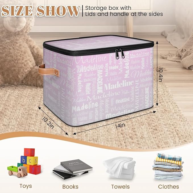 Custom Storage Basket with Name, Personalized Storage Bins with Zipper Lid, Foldable Fabric Storage Box Large capacity with Handle Grey Pink Gradient