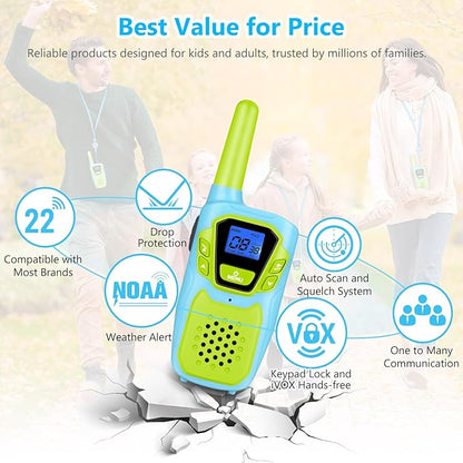 Walkie Talkies for Kids Adults Long Range Rechargeable 3 Pack, FRS 2 Way Radio Toy for 3-12 Year Old Boys Girls Toddlers, Shockproof NOAA Walkie-Talkie 4 Miles for Family Camping Skiing Cruise
