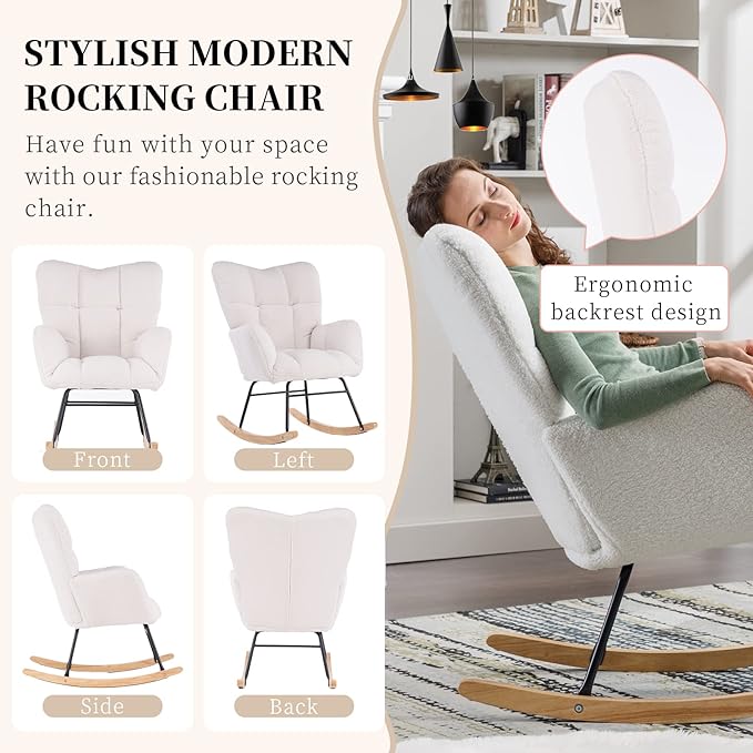 NIOIIKIT Nursery Rocking Chair Teddy Upholstered Glider Rocker Rocking Accent Chair Padded Seat with High Backrest Armchair Comfy Side Chair for Living Room Bedroom Offices (Ivory Teddy)