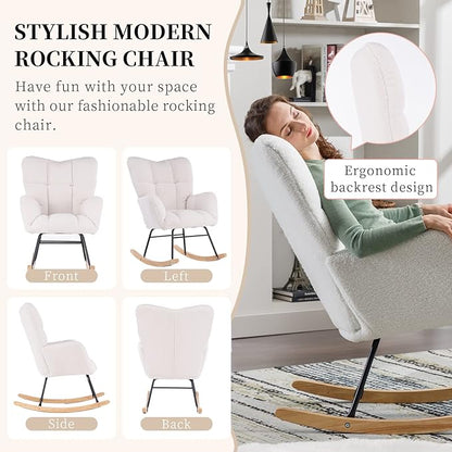 NIOIIKIT Nursery Rocking Chair Teddy Upholstered Glider Rocker Rocking Accent Chair Padded Seat with High Backrest Armchair Comfy Side Chair for Living Room Bedroom Offices (Ivory Teddy)