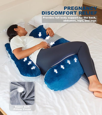 Pregnancy Pillow, Soft Maternity Pillow with Detachable & Adjustable Pillow Cover, Full Body Pillow for Adults Sleeping, Support for Back, Belly, Legs, HIPS Grey and Blue