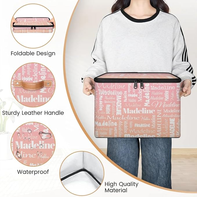 Custom Storage Basket with Name, Personalized Storage Bins with Zipper Lid, Foldable Fabric Storage Box Large capacity with Handle Pink Orange