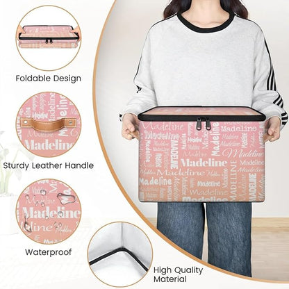 Custom Storage Basket with Name, Personalized Storage Bins with Zipper Lid, Foldable Fabric Storage Box Large capacity with Handle Pink Orange