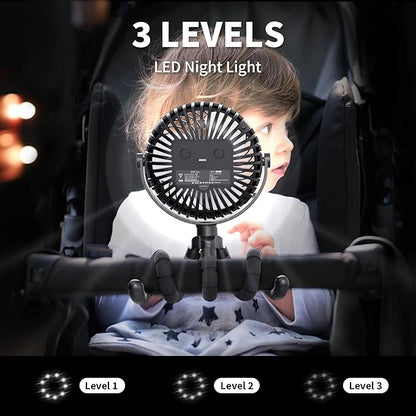 AMACOOL Battery Operated Stroller Fan Flexible Tripod Clip On Fan with 3 Speeds and Rotatable Handheld Personal Fans for Car Seat Crib Bike Treadmill (Black)